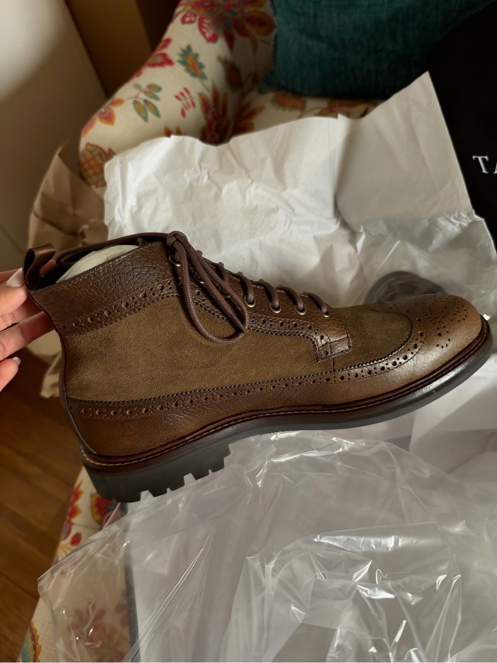 Taft Boston Boots in Brown and Olive Leather. Lace-Up Boots